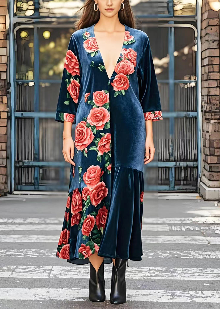 DIY Navy Deep-V Neck Floral Silk Velvet Maxi Dress Bracelet Sleeve