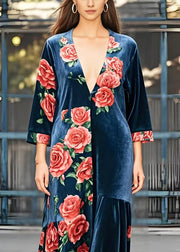 DIY Navy Deep-V Neck Floral Silk Velvet Maxi Dress Bracelet Sleeve