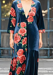 DIY Navy Deep-V Neck Floral Silk Velvet Maxi Dress Bracelet Sleeve