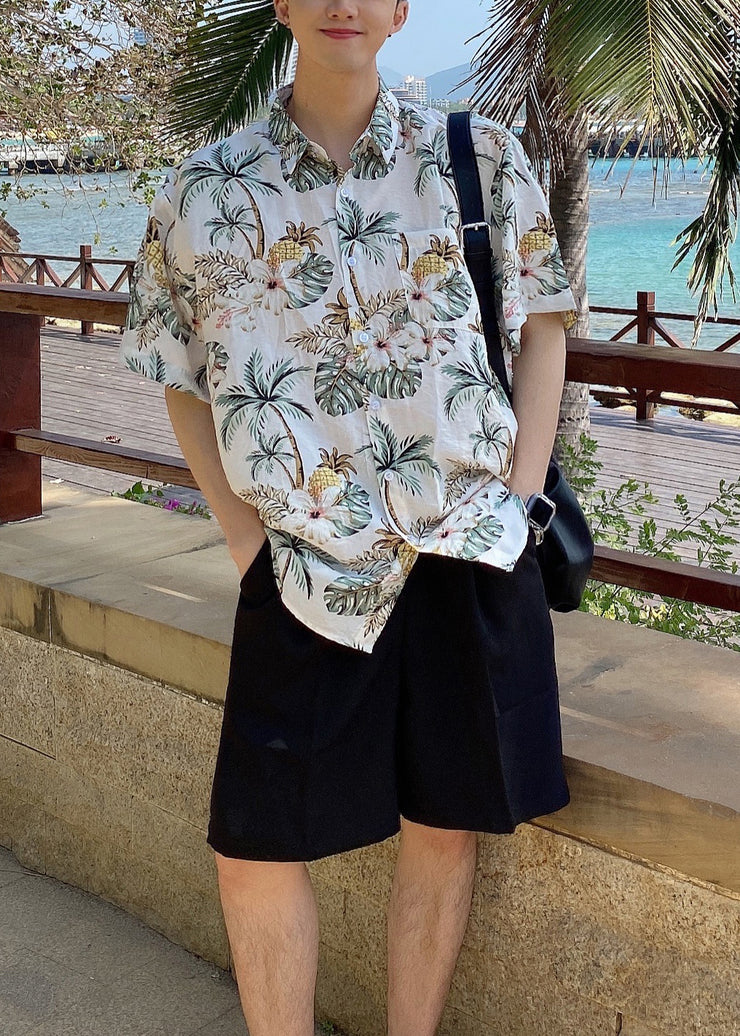 DIY Navy Peter Pan Collar Print Men Hawaiian Shirts Summer