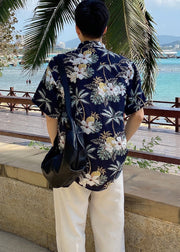 DIY Navy Peter Pan Collar Print Men Hawaiian Shirts Summer