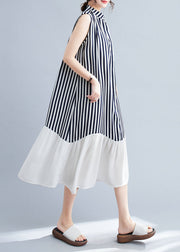 DIY Navy Stand Collar Patchwork Striped Dresses Sleeveless