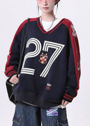 DIY Navy Zip Up Patchwork Cotton Pullover Streetwear Spring