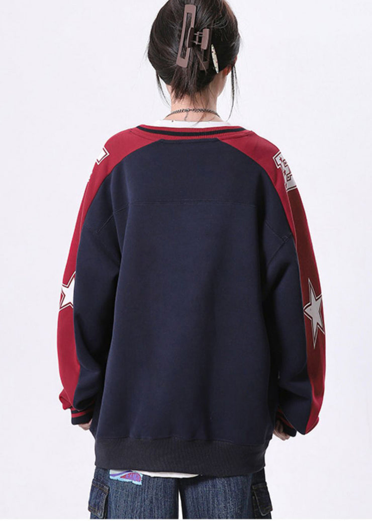 DIY Navy Zip Up Patchwork Cotton Pullover Streetwear Spring