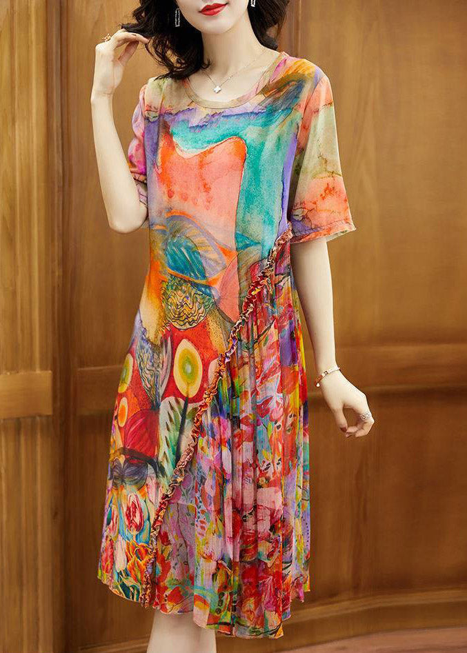 DIY O-Neck Print Wrinkled Silk Maxi Dresses Short Sleeve