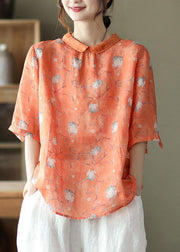 DIY Orange Print Ramie Half Sleeve Shirt Summer - SooLinen