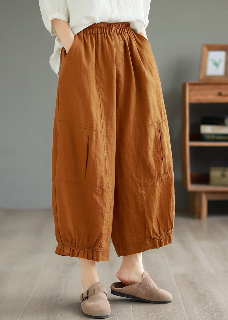 DIY Orange Ruffled Pockets Patchwork Linen Wide Leg Pants Summer