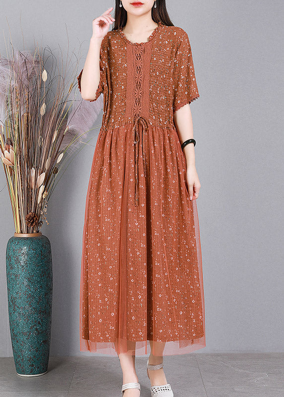 DIY Orange Tie Waist Embroideried Floral Tulle Dress Short Sleeve