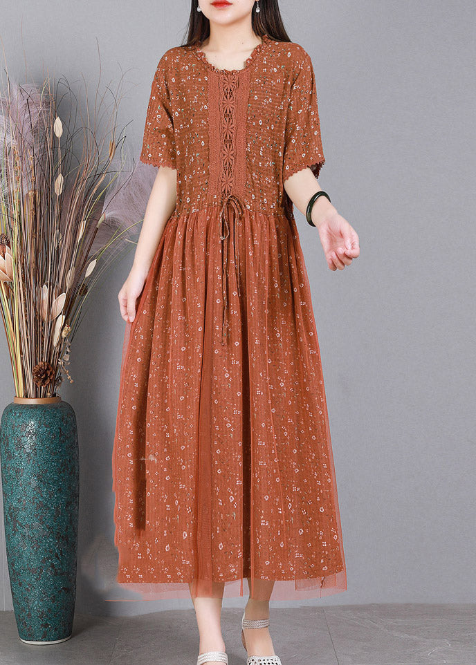 DIY Orange Tie Waist Embroideried Floral Tulle Dress Short Sleeve