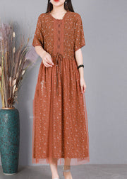 DIY Orange Tie Waist Embroideried Floral Tulle Dress Short Sleeve