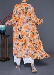 DIY Orange V Neck Cinched Print Chiffon Holiday Dress Spring