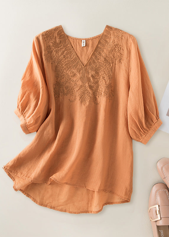 DIY Orange V Neck Embroideried Low High Design Linen Top Half Sleeve