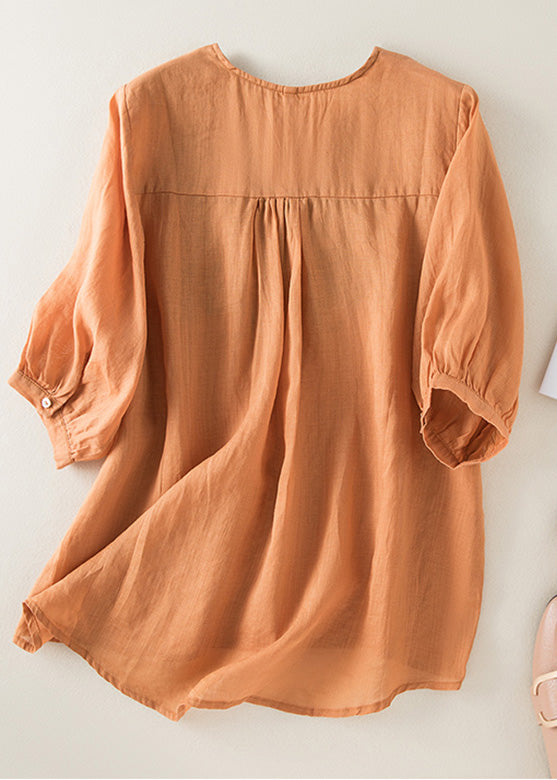 DIY Orange V Neck Embroideried Low High Design Linen Top Half Sleeve