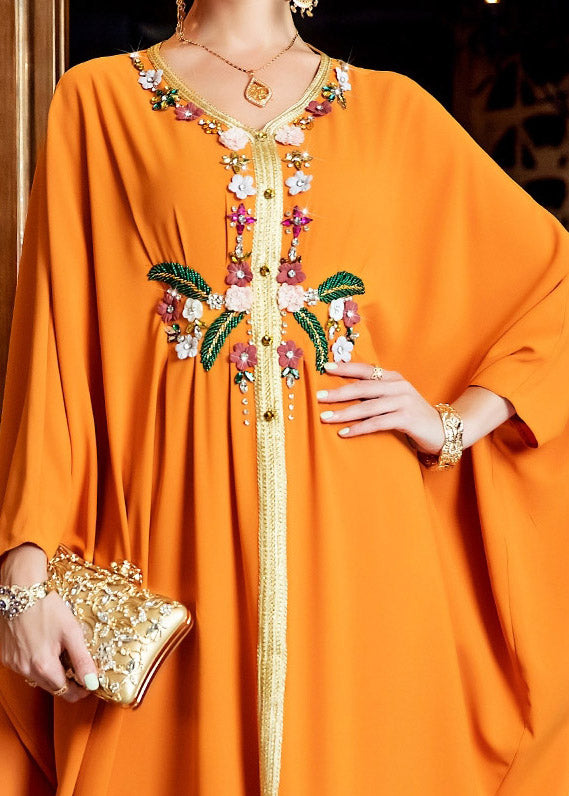 DIY Orange V Neck Embroideried Print Satin Long Dress Fall