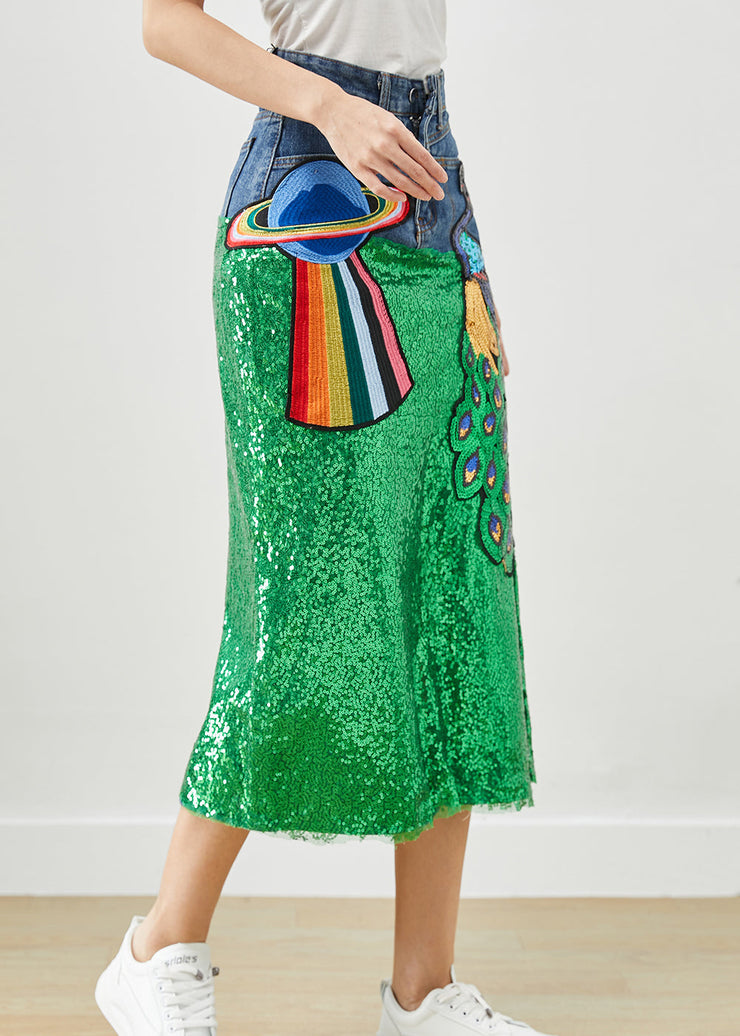 DIY Peacock Embroidered Patchwork Sequins Denim Skirt Fall