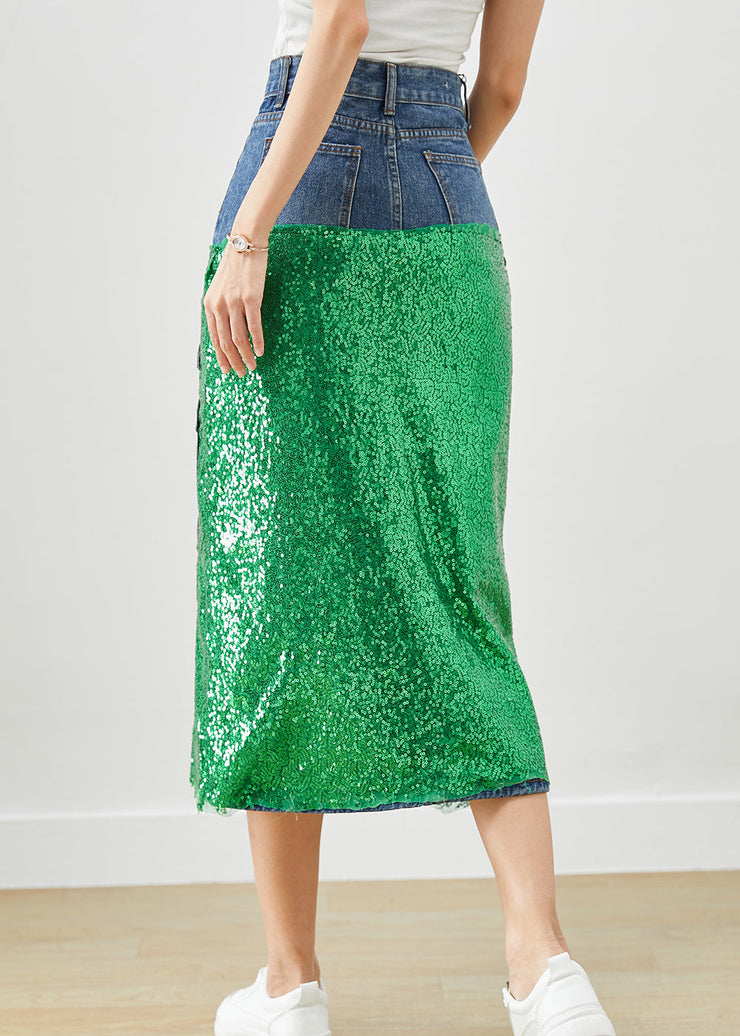 DIY Peacock Embroidered Patchwork Sequins Denim Skirt Fall