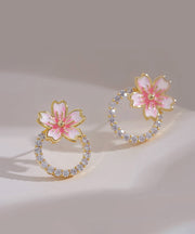 DIY Pink 14K Gold Zircon Oil Drip Floral Stud Earrings