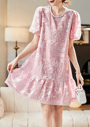 DIY Pink Embroidered Patchwork Nail Bead Chiffon Mid Dresses Short Sleeve