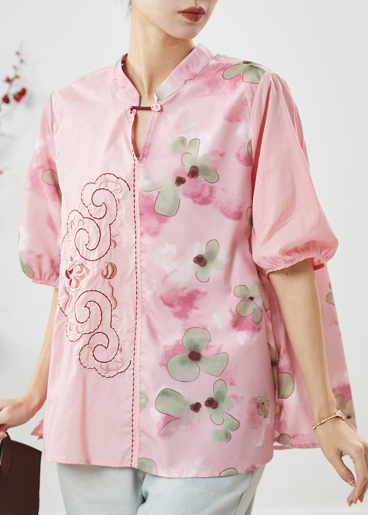 DIY Pink Embroidered Print Linen Blouses Summer