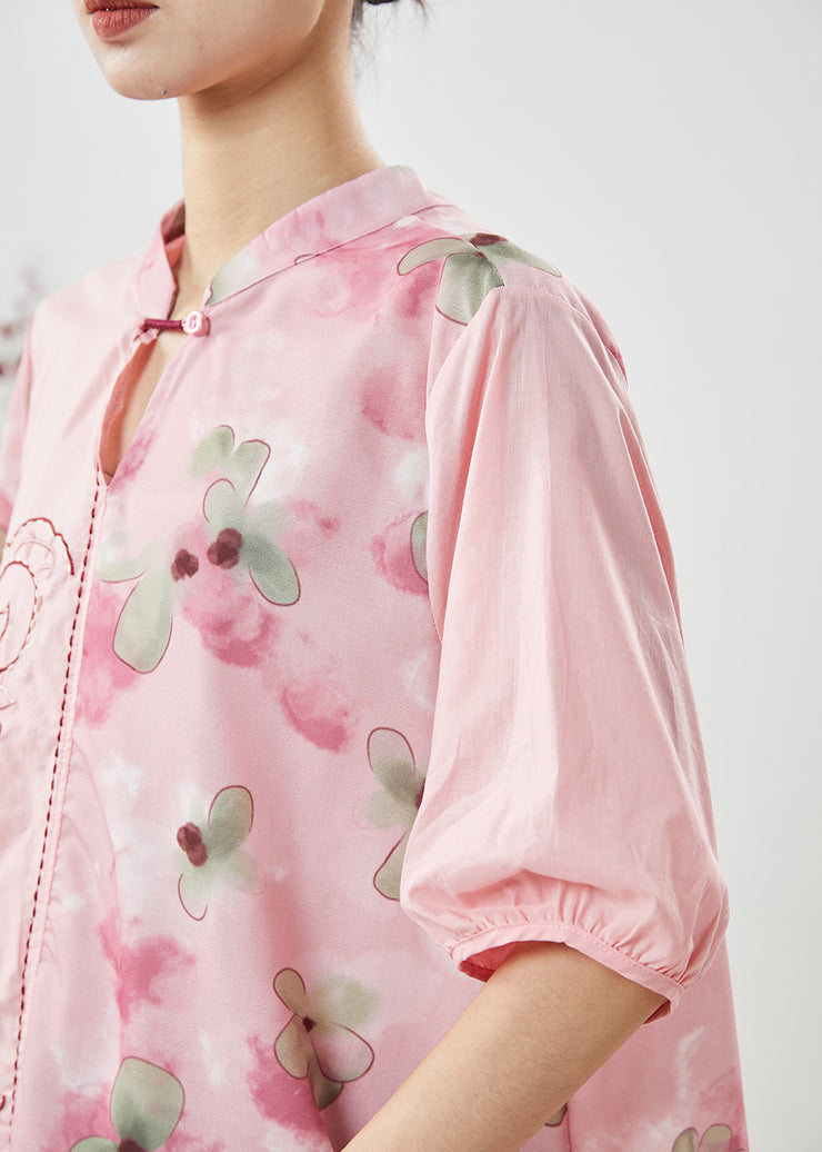 DIY Pink Embroidered Print Linen Blouses Summer