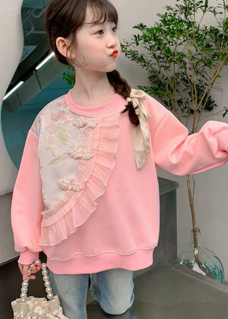 DIY Pink Embroideried Pearl Girls Sweatshirt Long Sleeve