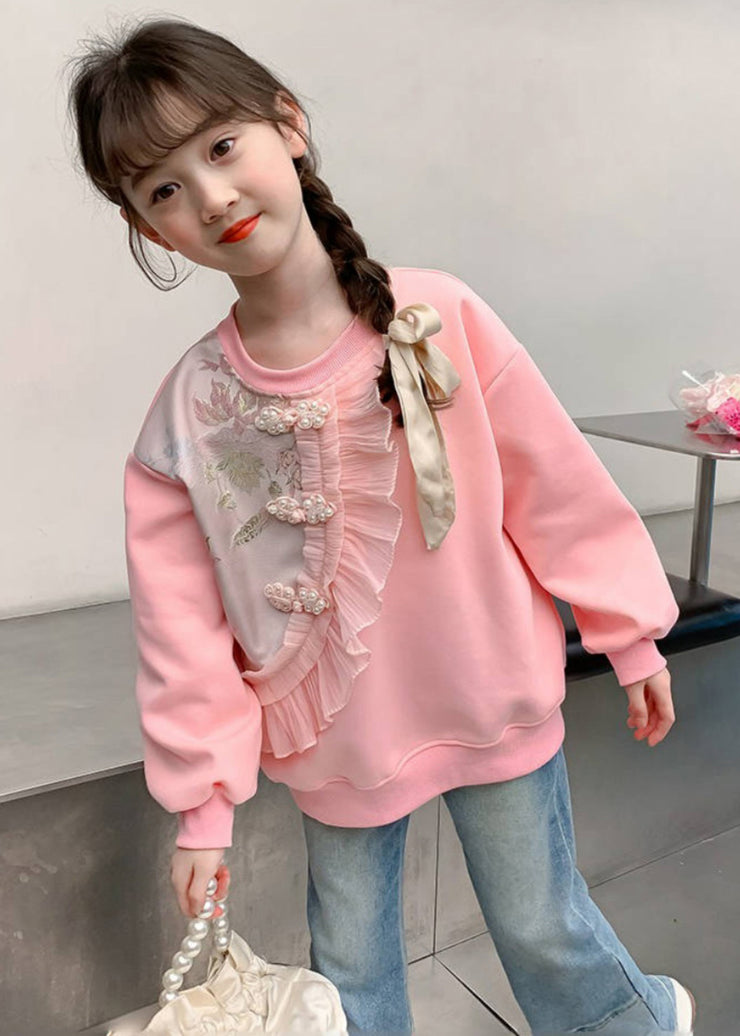 DIY Pink Embroideried Pearl Girls Sweatshirt Long Sleeve