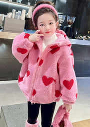 DIY Pink Love Print Faux Fur Girls Hooded Parka Winter