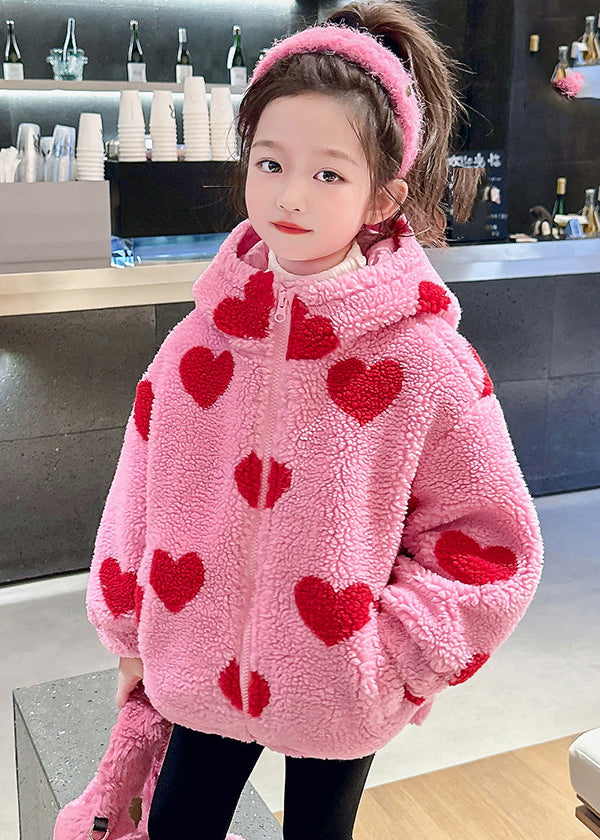 DIY Pink Love Print Faux Fur Girls Hooded Parka Spring