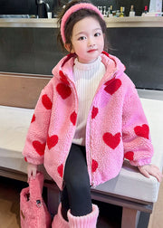 DIY Pink Love Print Faux Fur Girls Hooded Parka Spring