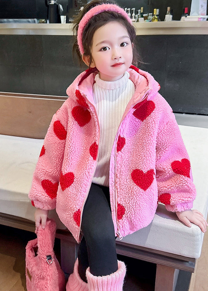 DIY Pink Love Print Faux Fur Girls Hooded Parka Spring