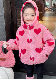 DIY Pink Love Print Faux Fur Girls Hooded Parka Spring