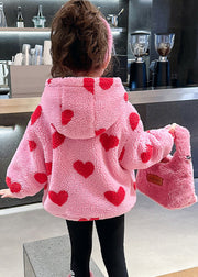 DIY Pink Love Print Faux Fur Girls Hooded Parka Spring