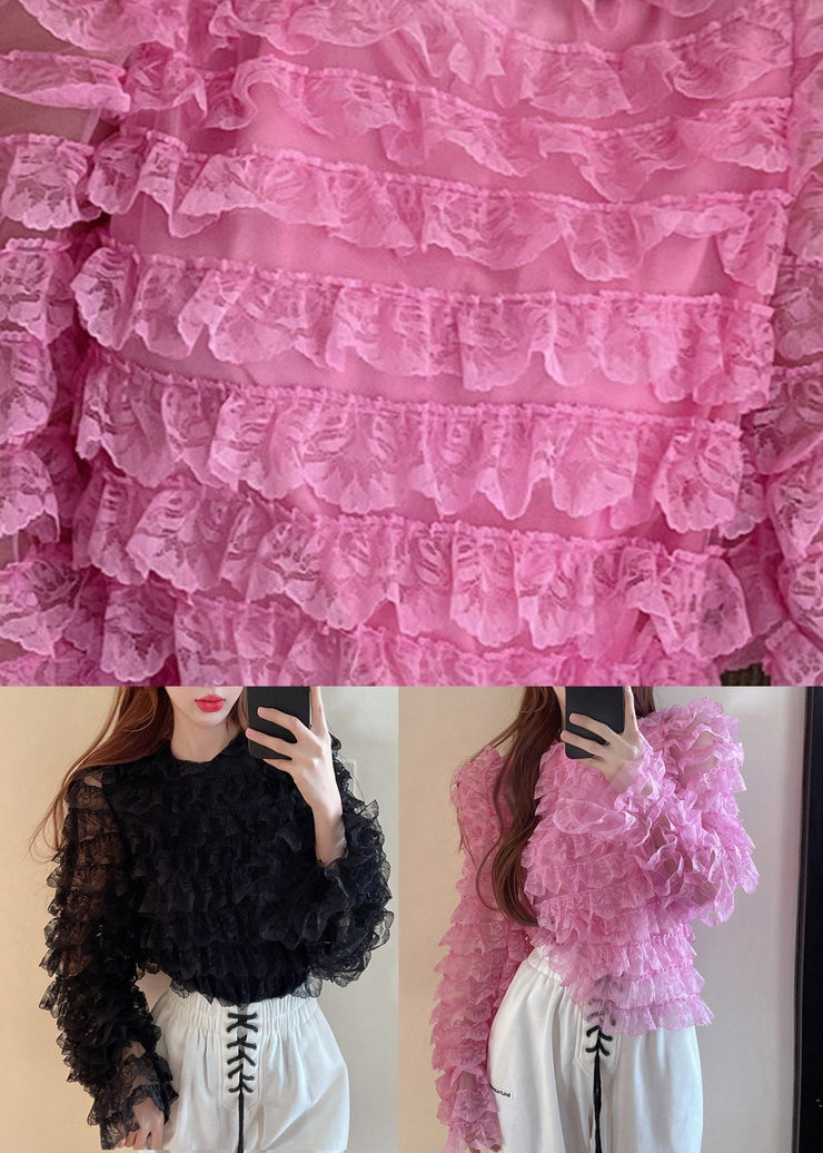 DIY Pink O-Neck Patchwork Lace Top Long Sleeve