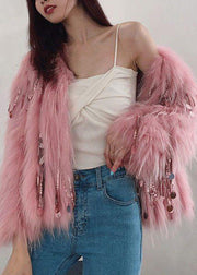 DIY Pink O-Neck Tassel Leather And Faux Fur Coats Winter