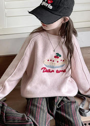 DIY Pink O-Neck Thick Cotton Knit Kids Sweaters Spring