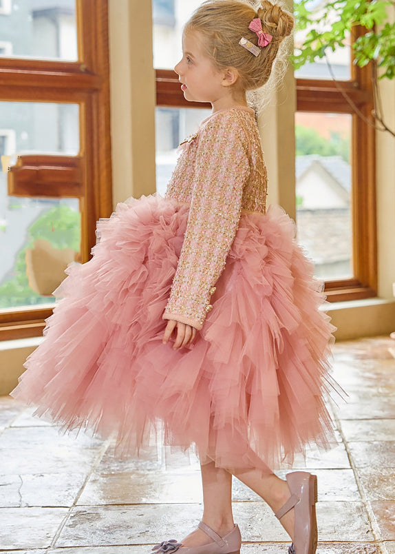 DIY Pink O-Neck Tulle Kids Long Dress Winter