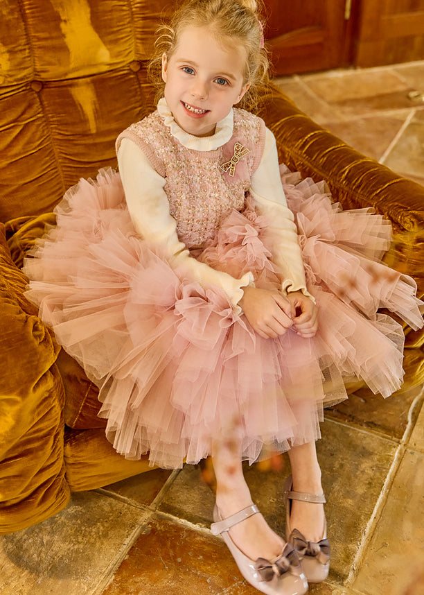 DIY Pink O-Neck Tulle Kids Long Dress Winter