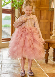 DIY Pink O-Neck Tulle Kids Long Dress Winter