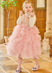 DIY Pink O-Neck Tulle Kids Long Dress Winter