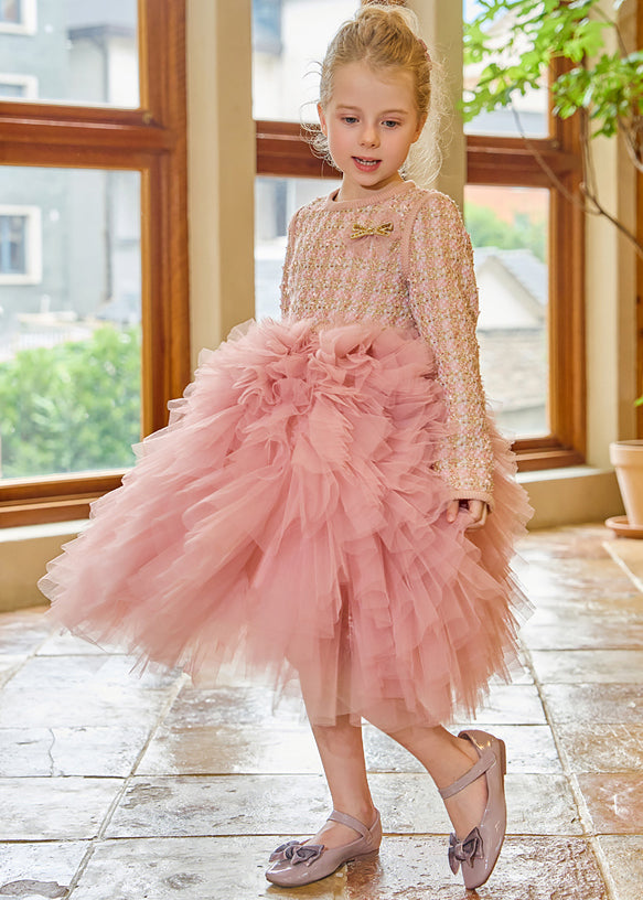 DIY Pink O-Neck Tulle Kids Long Dress Winter