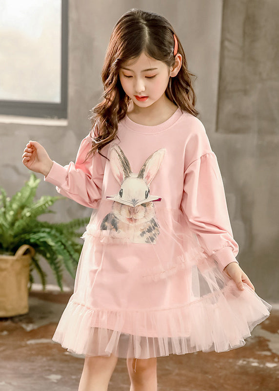 DIY Pink O-Neck Tulle Patchwork Kids Vacation Long Dresses Spring