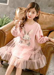 DIY Pink O-Neck Tulle Patchwork Kids Vacation Long Dresses Spring