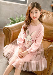 DIY Pink O-Neck Tulle Patchwork Kids Vacation Long Dresses Spring