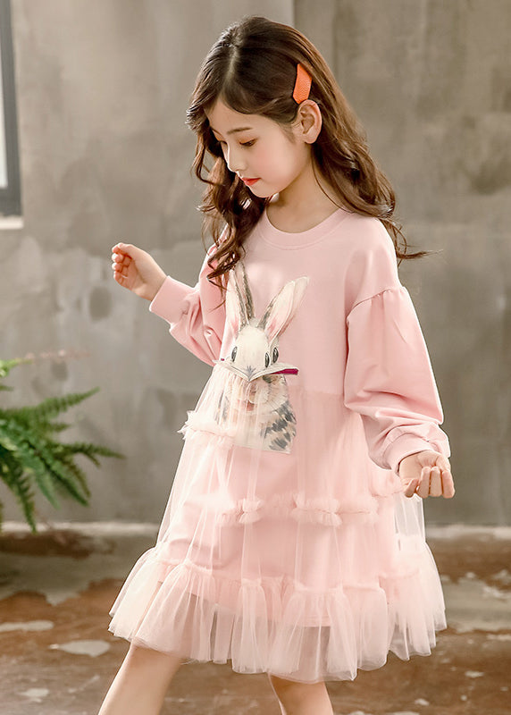 DIY Pink O-Neck Tulle Patchwork Kids Vacation Long Dresses Spring