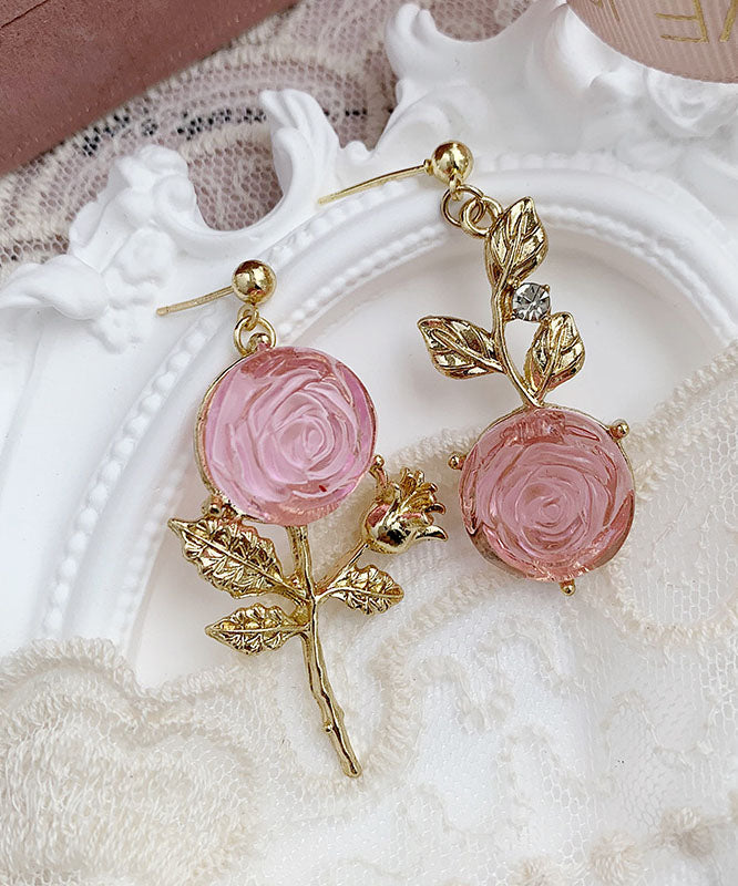 DIY Pink Overgild Acrylic Asymmeticar Floral Drop Earrings