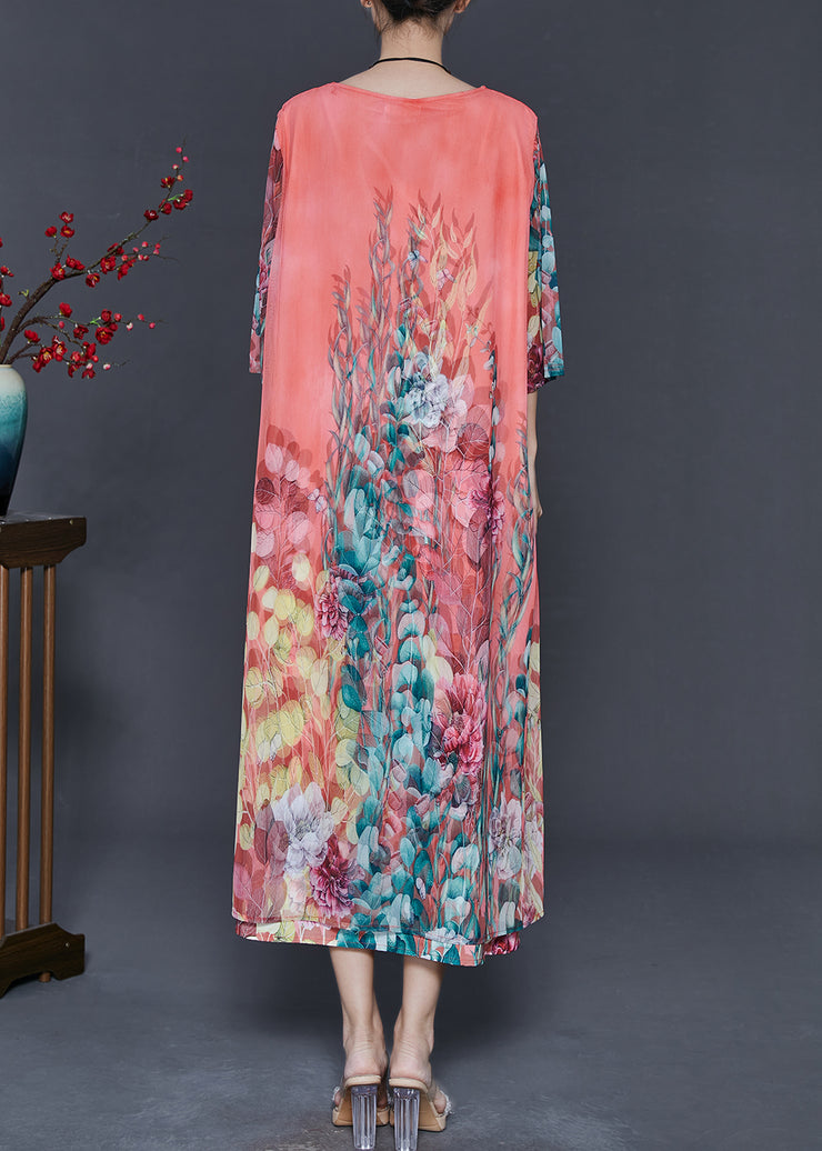 DIY Pink Oversized Print Chiffon Long Dress Bracelet Sleeve