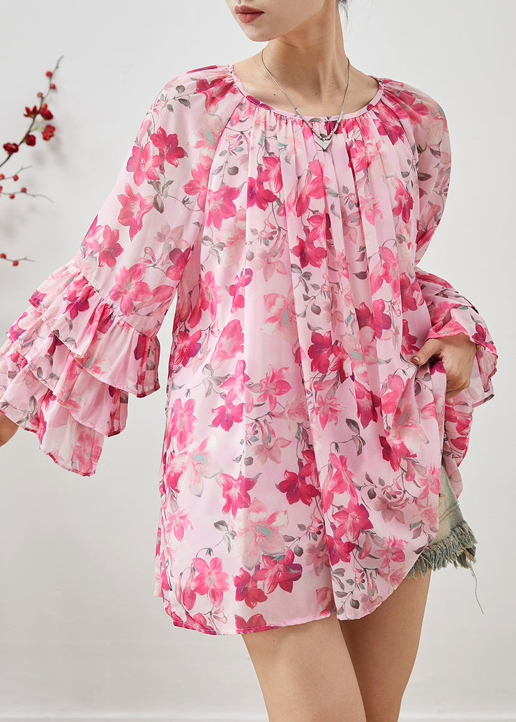 DIY Pink Oversized Print Chiffon Top Flare Sleeve