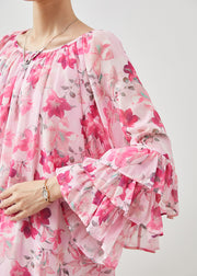 DIY Pink Oversized Print Chiffon Top Flare Sleeve