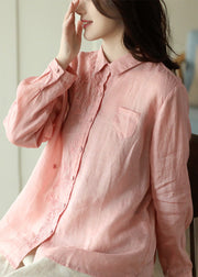 DIY Pink Peter Pan Collar Solid Ramie Shirts Spring