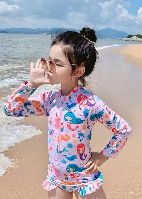 DIY Pink Ruffled Patchwork Kids One Piece Swimsuit Long Sleeve